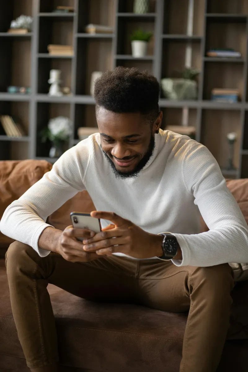 man holding cell phone smiling