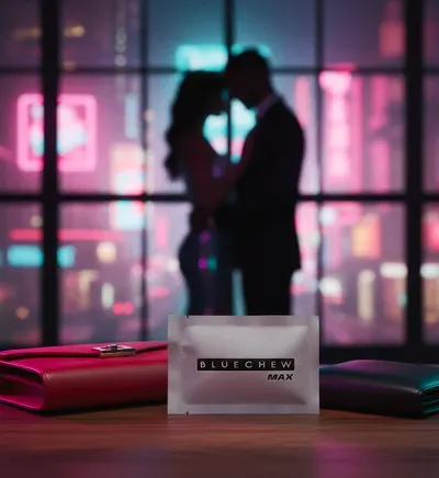 Silhouette of a couple embracing in front of a city window at night, gray BlueChew MAX packet in the foreground.