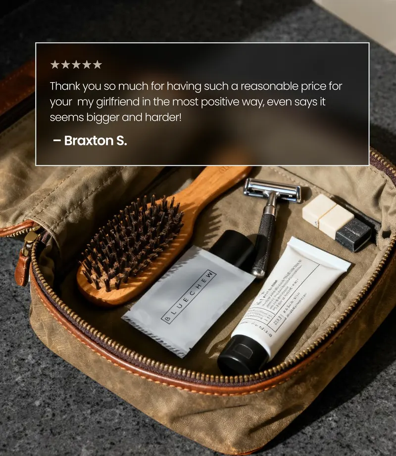 Five-star customer review card beside a grooming kit with brush, razor, and BlueChew skincare product