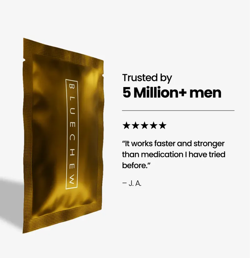 Gold BlueChew GOLD packet next to a "Trusted by 5 Million+ men" headline, five-star rating, and customer quote reading "It works faster and stronger than medication I have tried before."