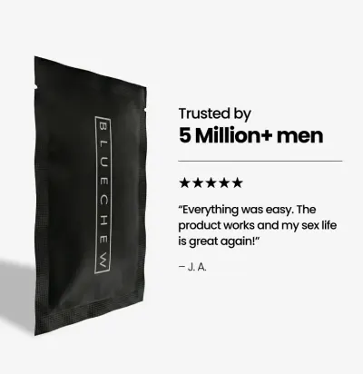 Black BlueChew packet beside a five-star customer review, "Trusted by 5 Million+ men"