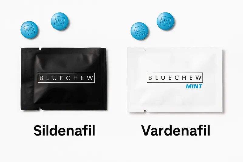 Black and white BlueChew packets with loose blue tablets, labeled "Sildenafil" and "Vardenafil"  Send the next one whenever you're ready.