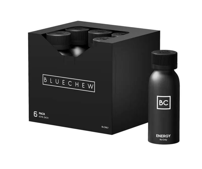 Black BlueChew branded storage box with cap and matching travel bottle