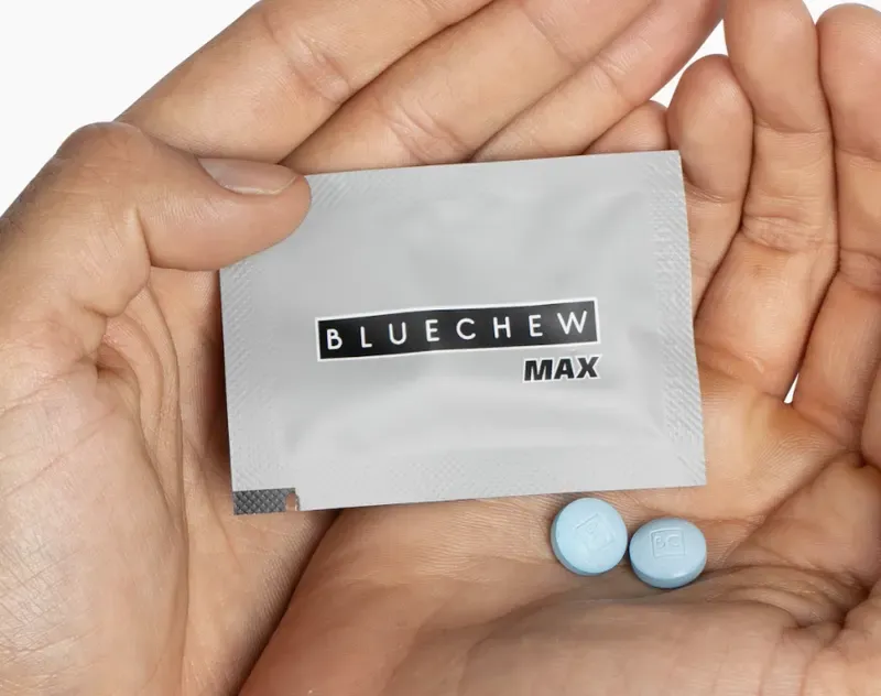 BlueChew MAX SIL + TAD contains 45 mg of Sildenafil which exerts its effects for 4-6 hours.