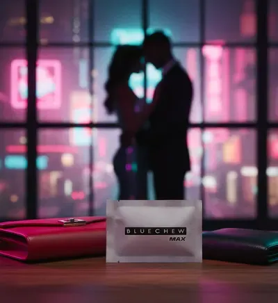Silhouette of a couple embracing in front of a city window at night, gray BlueChew MAX packet in the foreground.