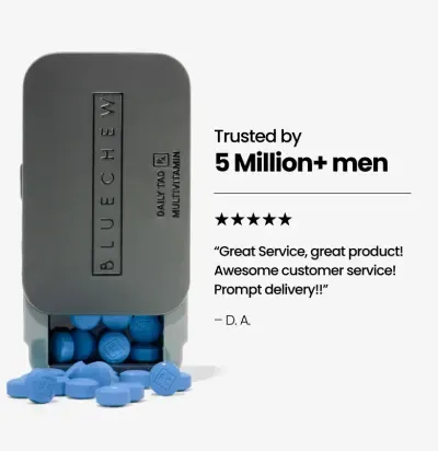 Gray BlueChew Daily case beside a five-star customer review, "Trusted by 5 Million+ men"