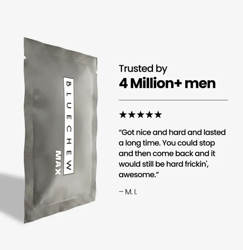 Gray BlueChew MAX packet beside "Trusted by 4 Million+ men" headline, five-star rating, and testimonial: "Got nice and hard and lasted a long time. You could stop and then come back and it would still be hard frickin', awesome."