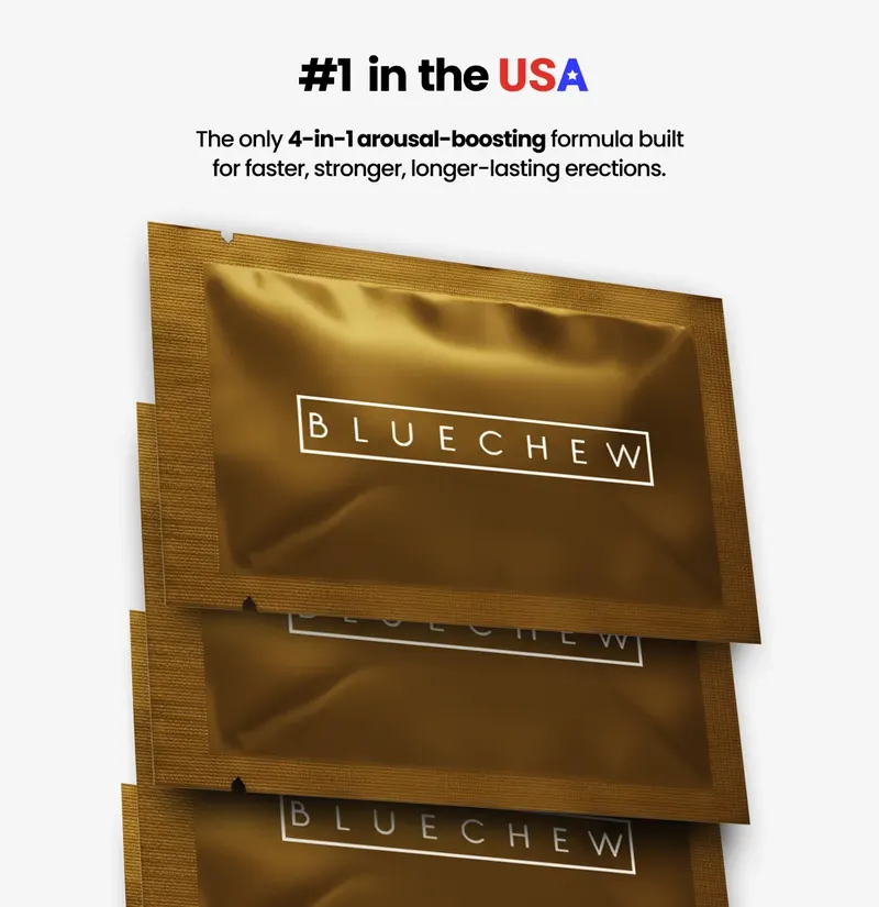 Stack of gold BlueChew sachets
